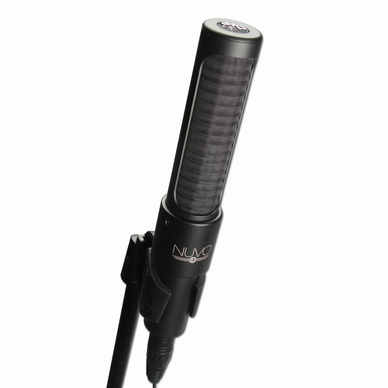 AEA Nuvo N8 Ribbon Microphone on a stand, showcasing its modern design with active circuitry, ideal for capturing detailed far-field audio in professional studio environments.