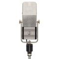 AEA R44CE Ribbon Microphone front view, showcasing its iconic logo, mounting system, and large-format design and robust construction, embodying a classic studio sound.