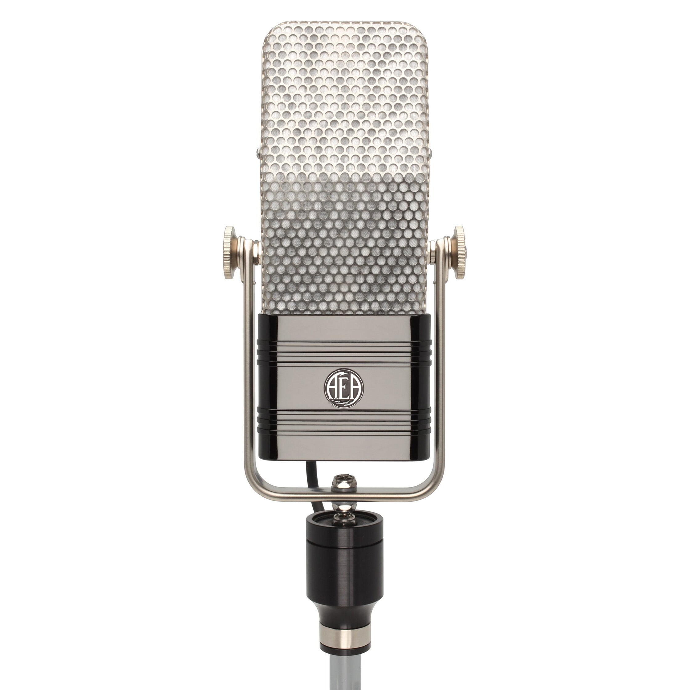 AEA R44CE Ribbon Microphone front view, showcasing its iconic logo, mounting system, and large-format design and robust construction, embodying a classic studio sound.