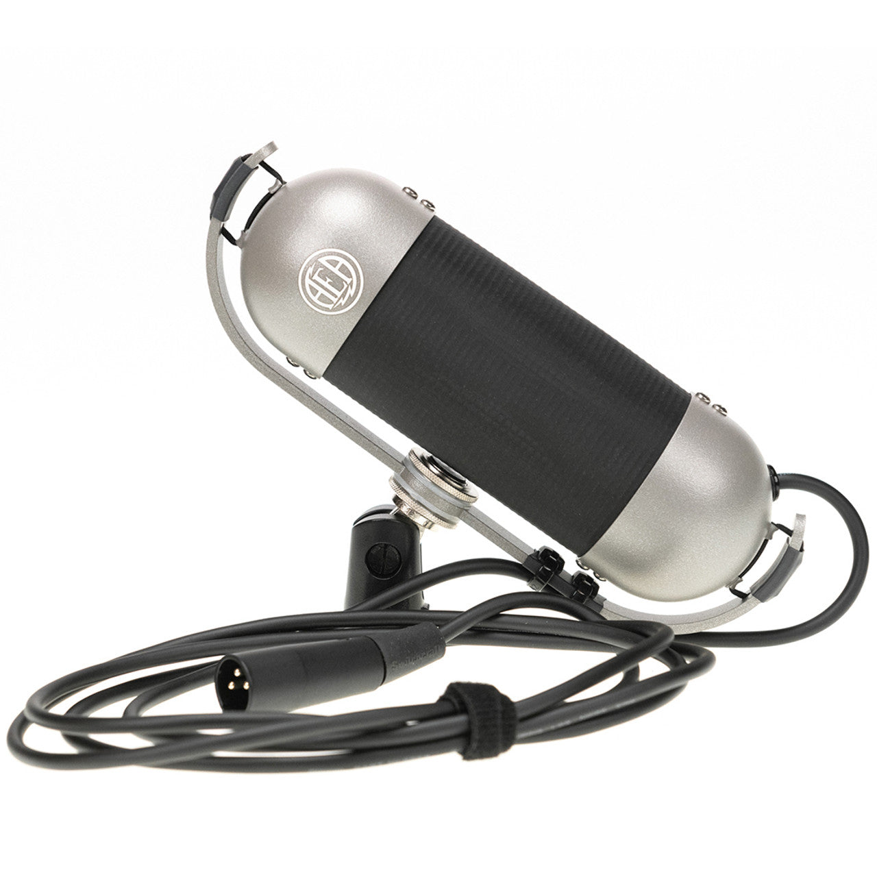 AEA R92 Ribbon Microphone angled view with mic cable, showcasing its compact, robust design and distinct grille, optimized for bright, punchy near-field recording, especially on guitar amps