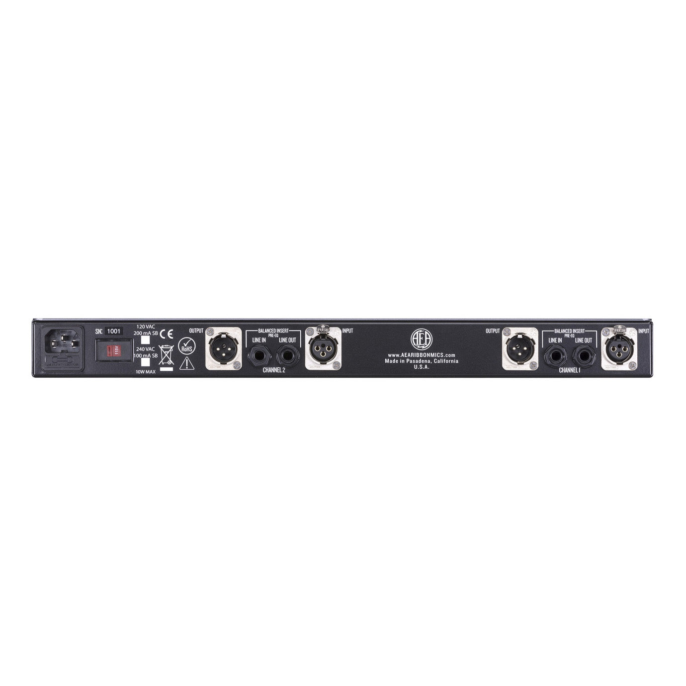 AEA RPQ3 2-Channel Ribbon Microphone Preamp and EQ back view, showing balanced inputs and outputs for connecting microphones and studio equipment, plus power input.