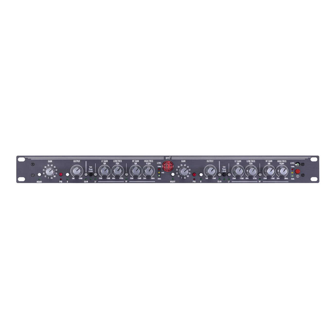 AEA RPQ3 2-Channel Ribbon Microphone Preamp and EQ front view, displaying its LED meters, gain, EQ, and other controls for optimizing passive ribbon and dynamic microphones.