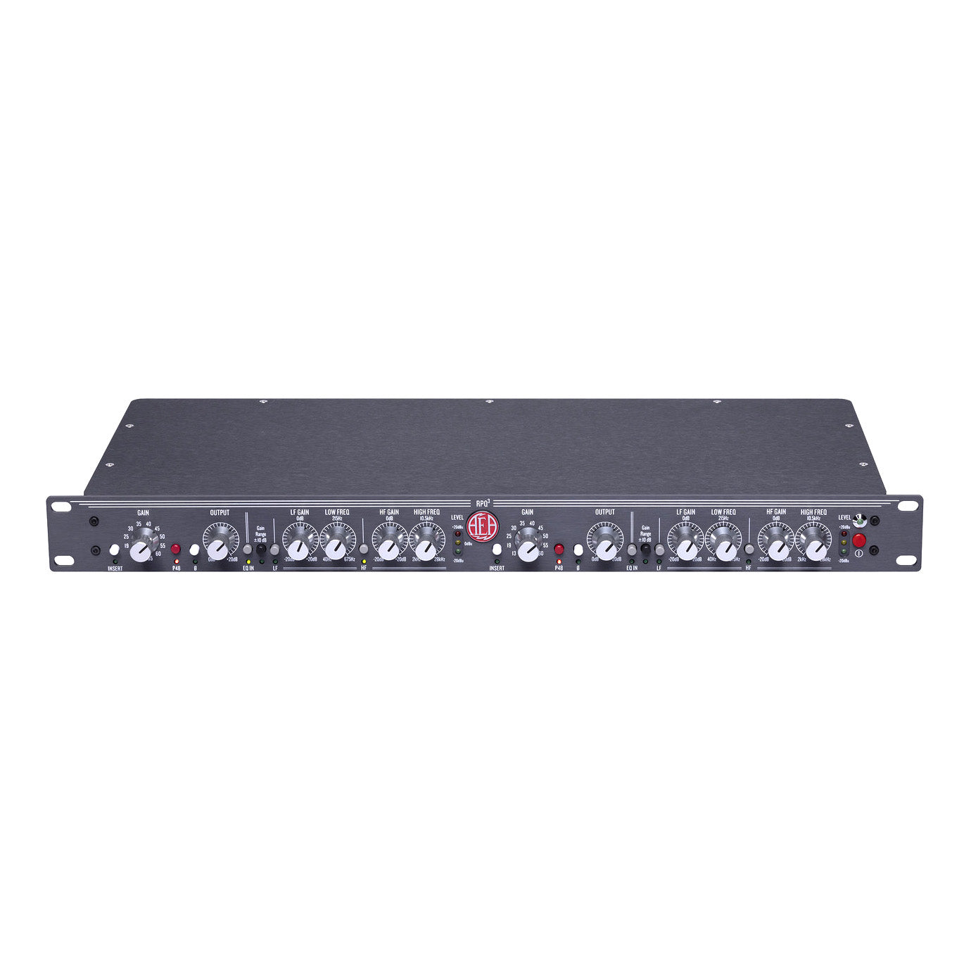 AEA RPQ3 2-Channel Ribbon Microphone Preamp and EQ front view, showcasing its dual independent channels with gain and EQ controls.