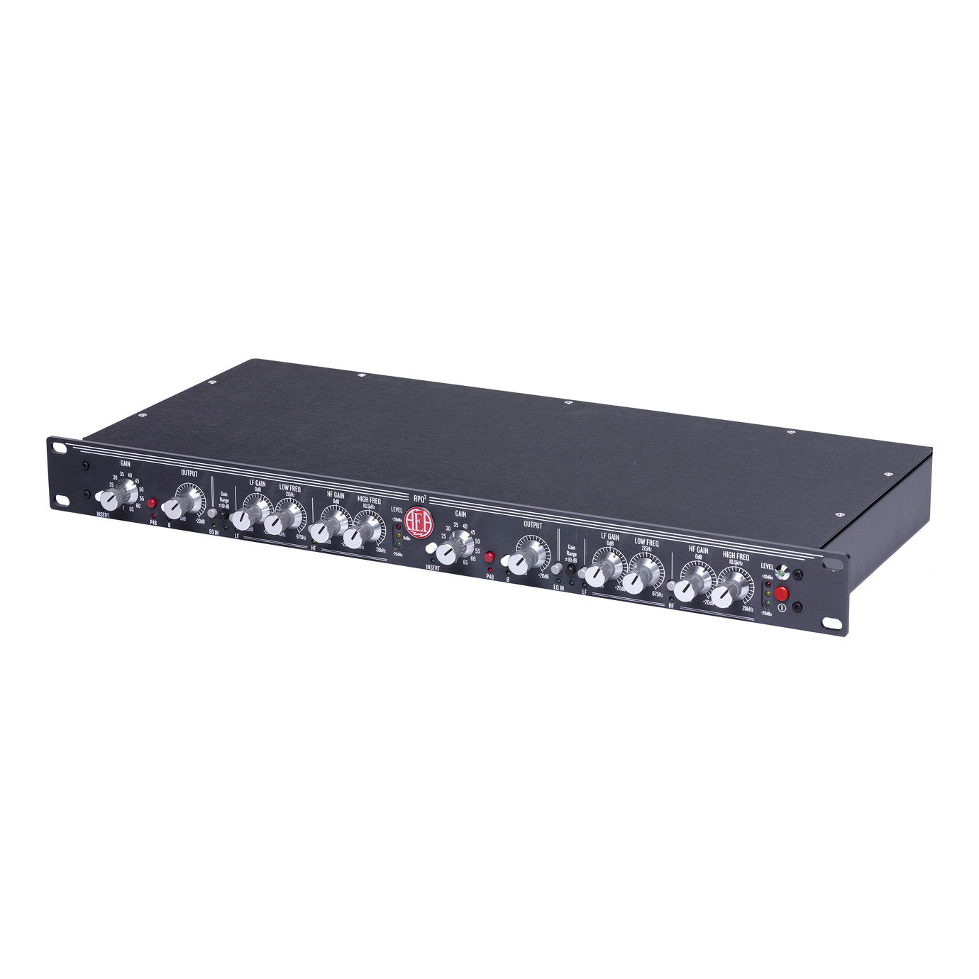 AEA RPQ3 2-Channel Ribbon Microphone Preamp and EQ angled front view, displaying its LED meters, gain, EQ, and other controls for optimizing passive ribbon and dynamic microphones.