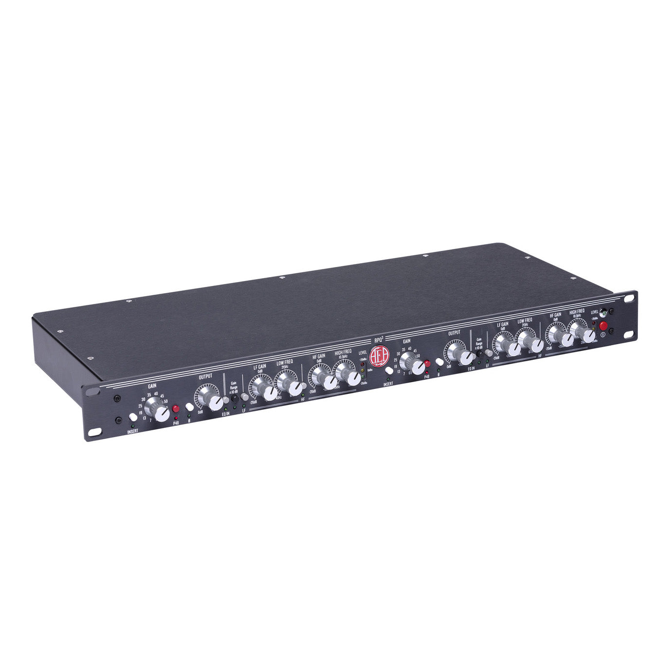 AEA RPQ3 2-Channel Ribbon Microphone Preamp and EQ front angled view, showcasing its dual independent channels with gain and EQ controls.