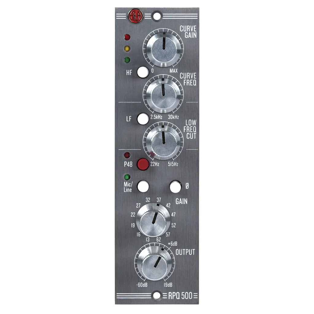 AEA RPQ500 500-Series Preamp and EQ front view, displaying its compact module design with controls for gain, EQ, and high-pass filter, designed for ribbon and dynamic microphones.
