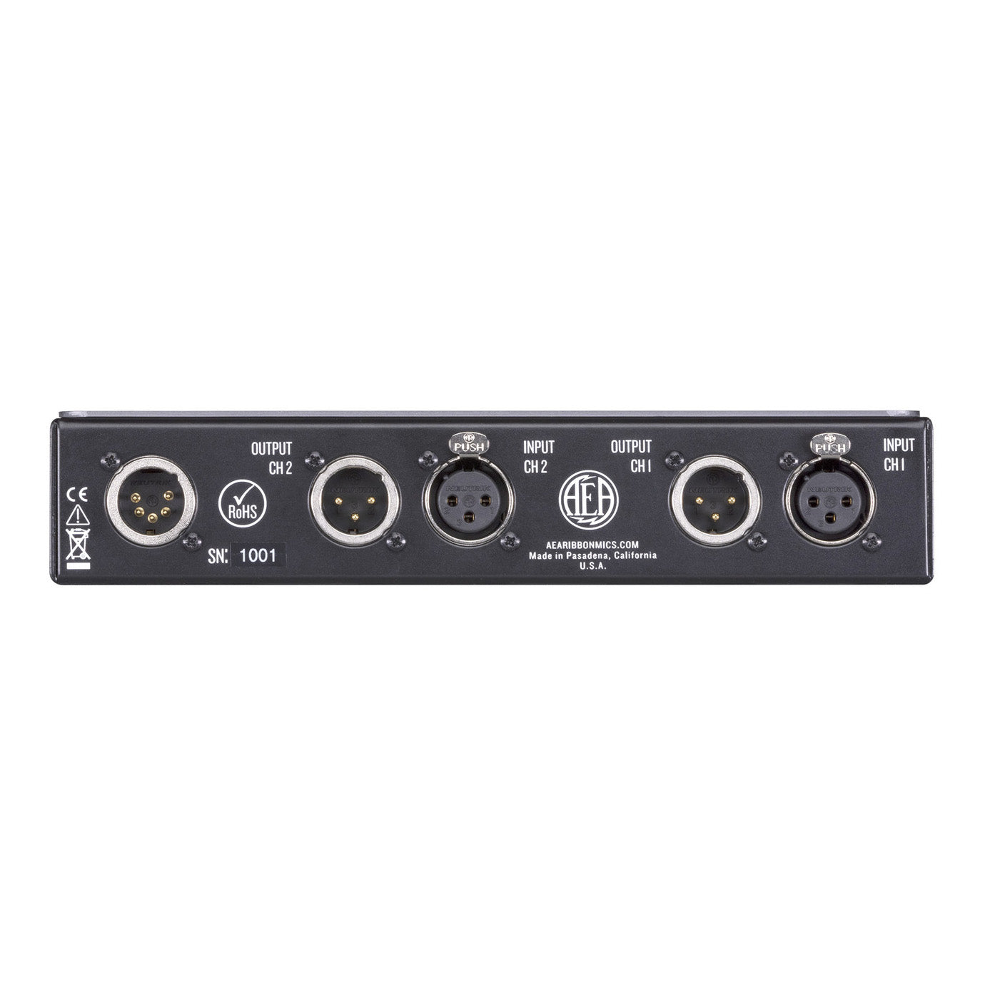 AEA TRP3 2-Channel Ribbon Microphone Preamp back view, showing its two XLR inputs, two XLR outputs, and power input.