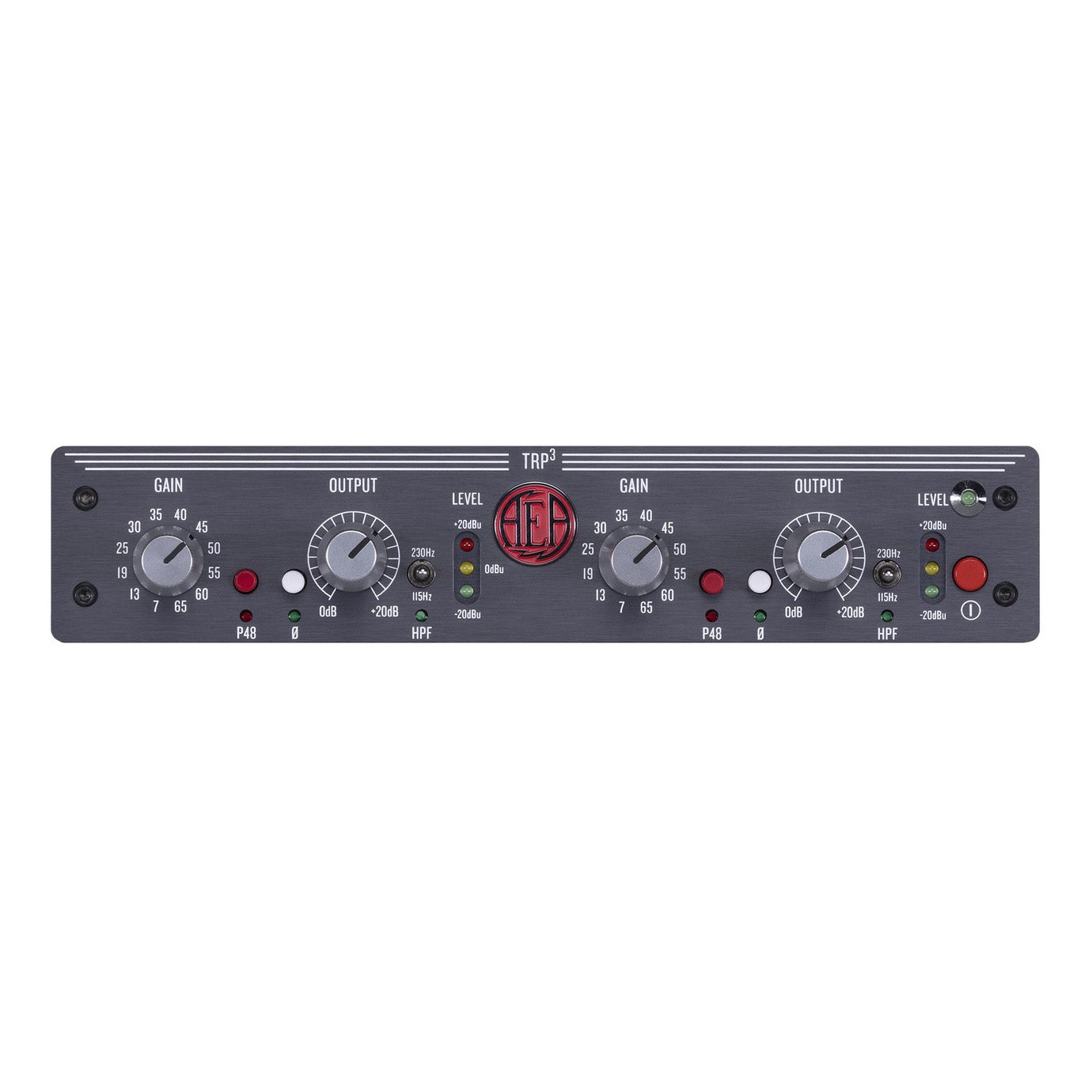 AEA TRP3 2-Channel Ribbon Microphone Preamp front view, showcasing its dual independent channels with essential control for gain, output, phantom power, polarity, highpass filter and independent level meters.