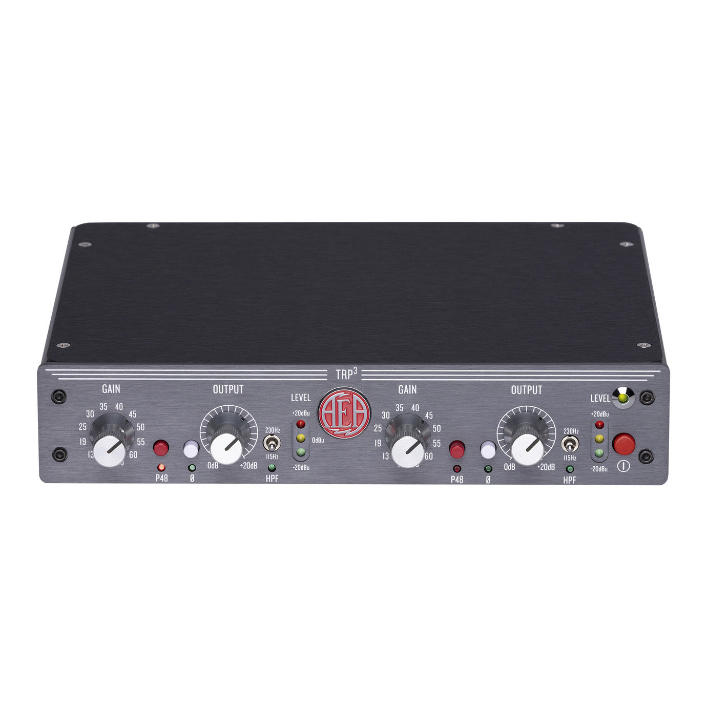 AEA TRP3 2-Channel Ribbon Microphone Preamp front view, showcasing its dual independent channels with essential control for gain, output, phantom power, polarity, highpass filter and independent level meters.