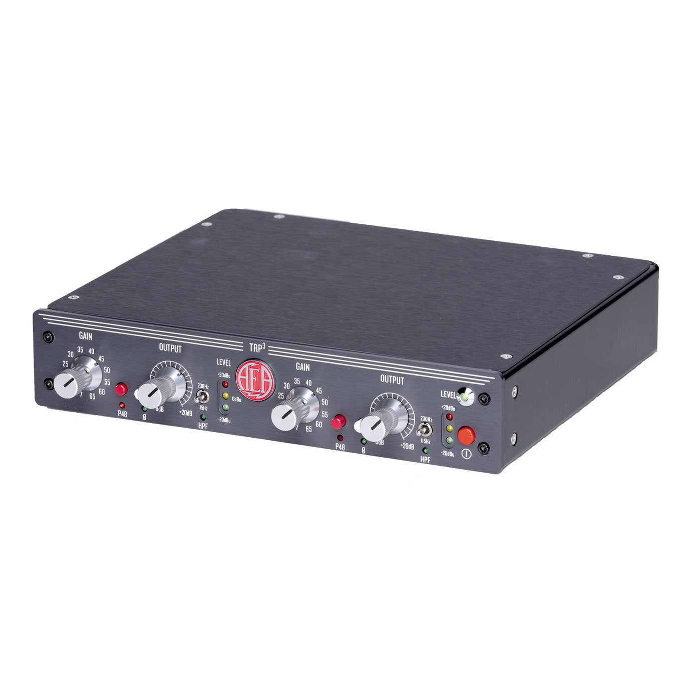 AEA TRP3 2-Channel Ribbon Microphone Preamp front angled view, showcasing its dual independent channels with essential control for gain, output, phantom power, polarity, highpass filter and independent level meters.