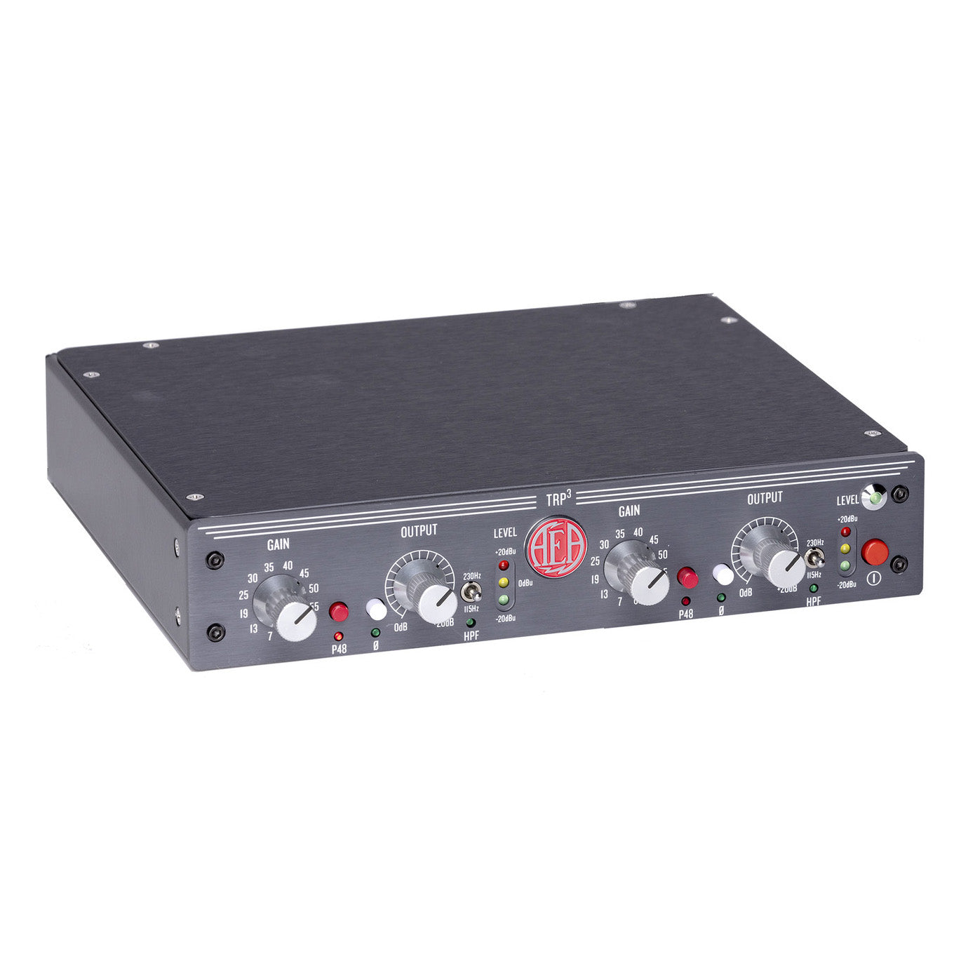 AEA TRP3 2-Channel Ribbon Microphone Preamp front angled view, showcasing its dual independent channels with essential control for gain, output, phantom power, polarity, highpass filter and independent level meters.