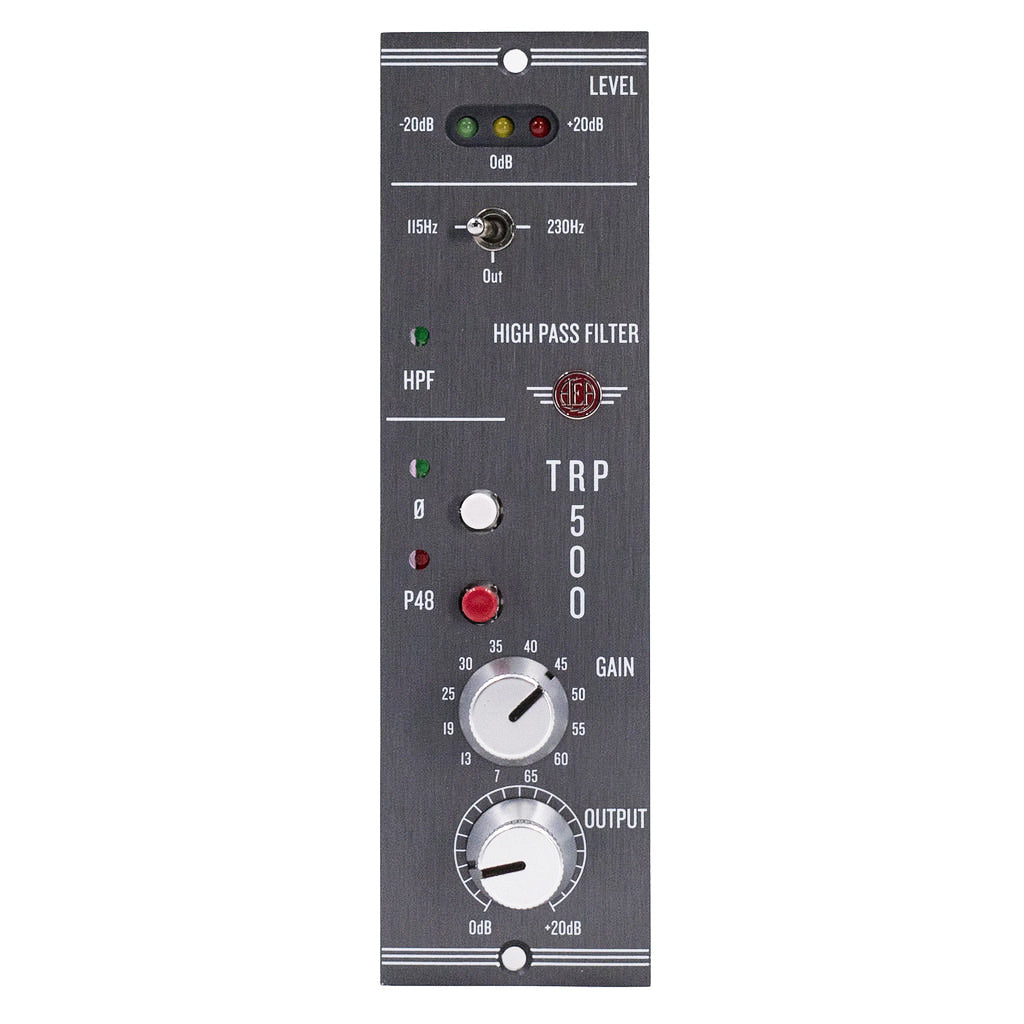 AEA TRP500 500-Series Ribbon Microphone Preamp front view, showcasing its compact module design with gain and output knobs, controls for polarity, high-pass filter, and phantom power, for transparent amplification of ribbon and dynamic microphones.
