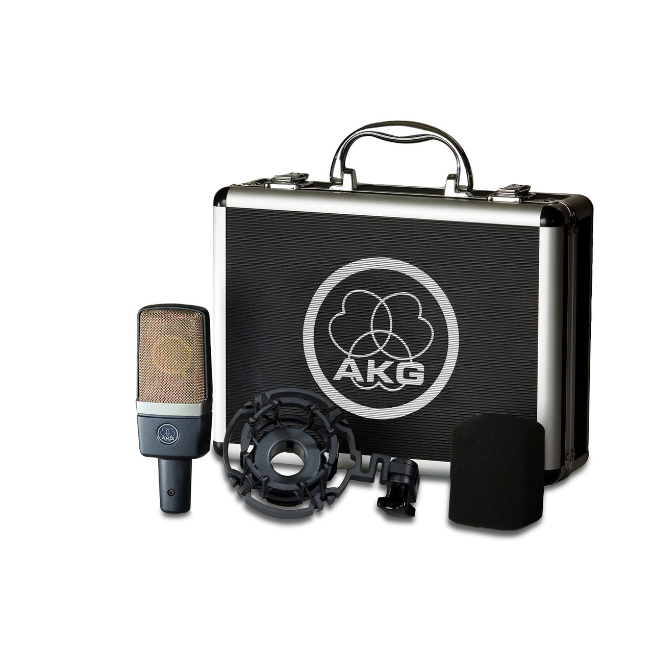 AKG C214 Large-Diaphragm Condenser Microphone displayed with its essential accessories, including the durable carrying case, shockmount for vibration isolation, and windscreen for noise reduction, providing a complete kit for professional-quality recordings.