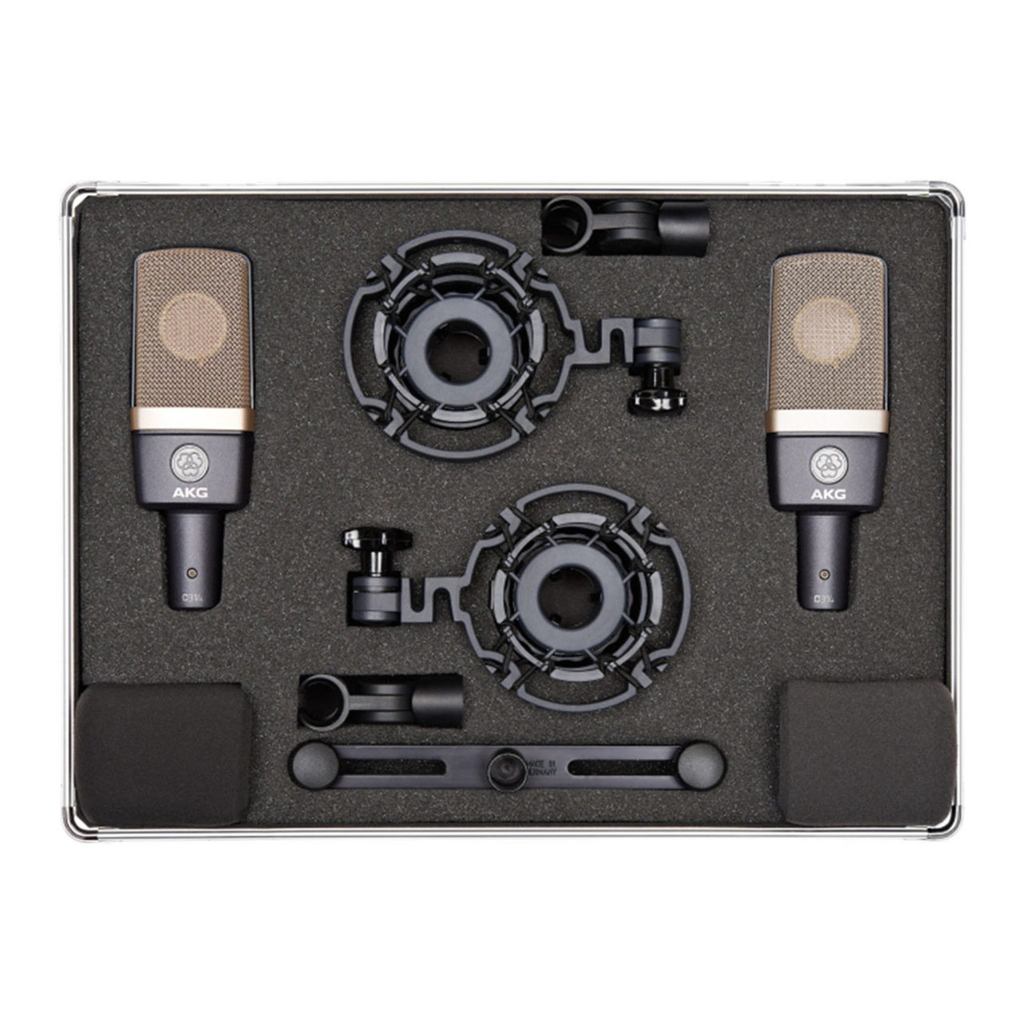 AKG C214 Large-Diaphragm Condenser Microphone Matched Pair in case, top-down view, displaying both microphones, shock mounts, and stereo bar neatly organized within the custom-fitted protective foam, ready for precise stereo recording.