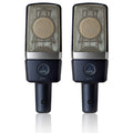 Matched pair of AKG C214 Large-Diaphragm Condenser Microphones, front view, showcasing its capsule and prominent grille, ideal for capturing detailed vocals and instruments with its cardioid polar pattern in home or project studios.