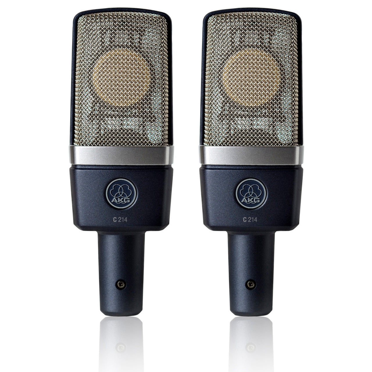 Matched pair of AKG C214 Large-Diaphragm Condenser Microphones, front view, showcasing its capsule and prominent grille, ideal for capturing detailed vocals and instruments with its cardioid polar pattern in home or project studios.