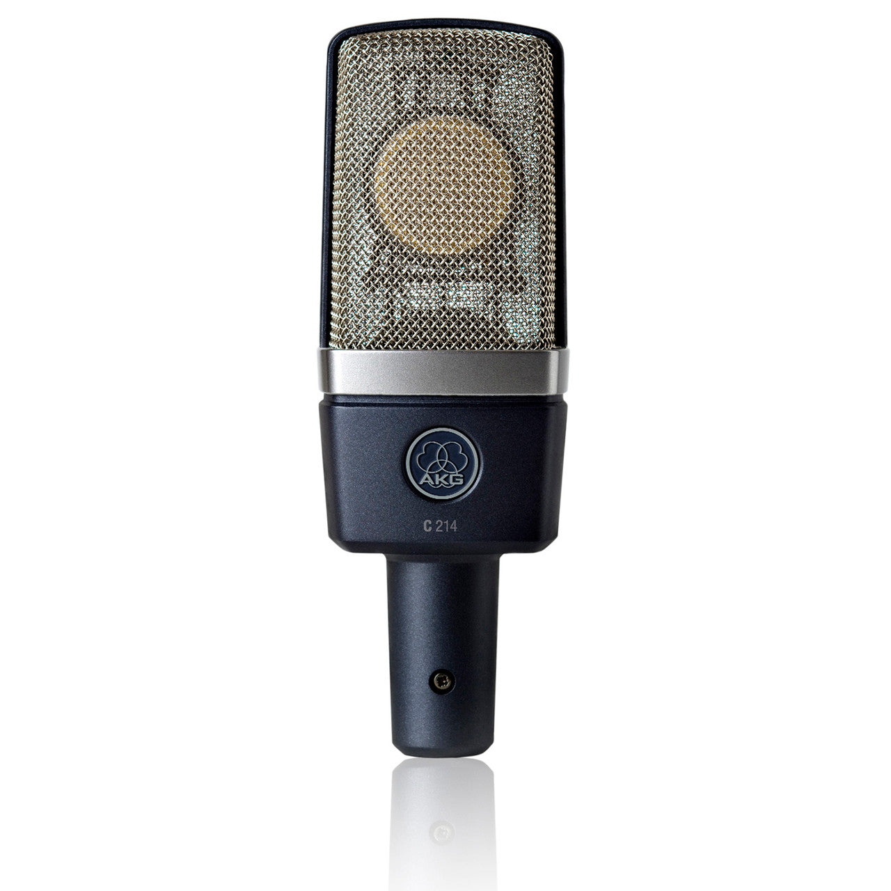 AKG C214 Large-Diaphragm Condenser Microphone front view, showcasing its capsule and prominent grille, ideal for capturing detailed vocals and instruments with its cardioid polar pattern in home or project studios.