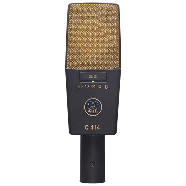 AKG C414 XLII front view, showcasing its classic 414 design with easily accessible multi-pattern selection switch providing versatile control for capturing detailed vocal and instrument performances.