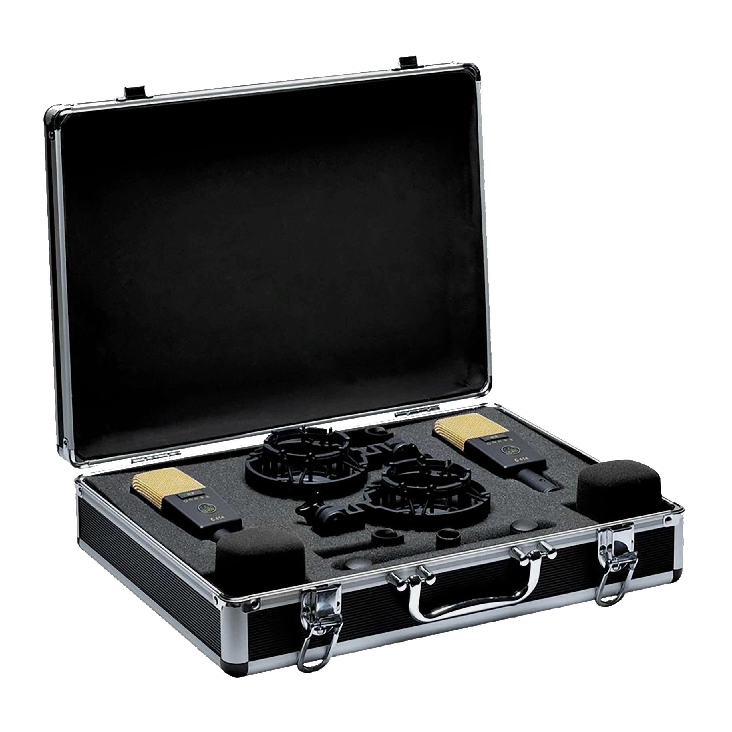 AKG C414 XLII Matched Pair shown securely in their custom-fitted protective case, with both multi-pattern condenser microphones, two shockmounts, hardmounts, windshields and stereo bar neatly organized for immediate stereo recording sessions or safe transport.