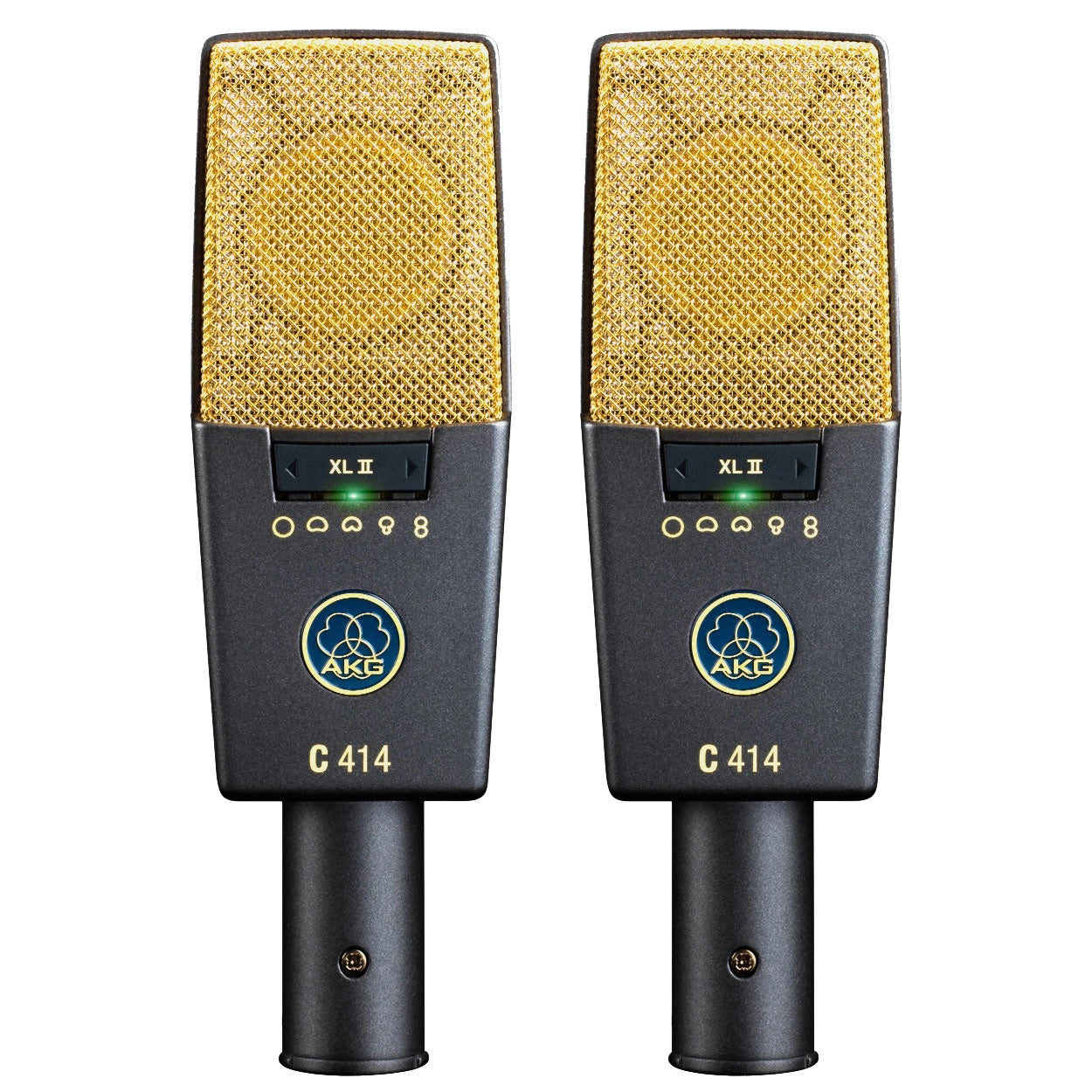 AKG C414 XLII Matched Pair front view, showcasing two identical multi-pattern condenser microphones side-by-side with their visible front controls, ensuring perfectly consistent sound and precise stereo imaging for professional recordings.