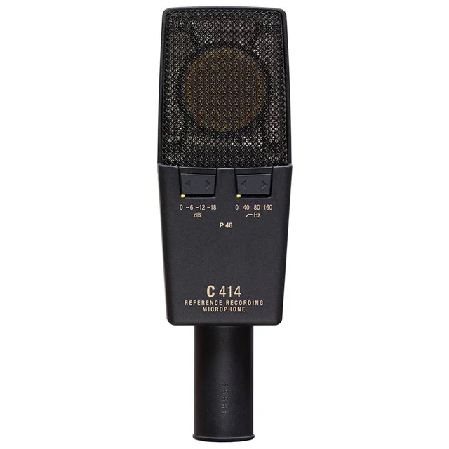 AKG C414 XLII rear view, featuring the low-cut filter switch and pre-attenuation pad, allowing precise control over unwanted bass frequencies and signal levels.