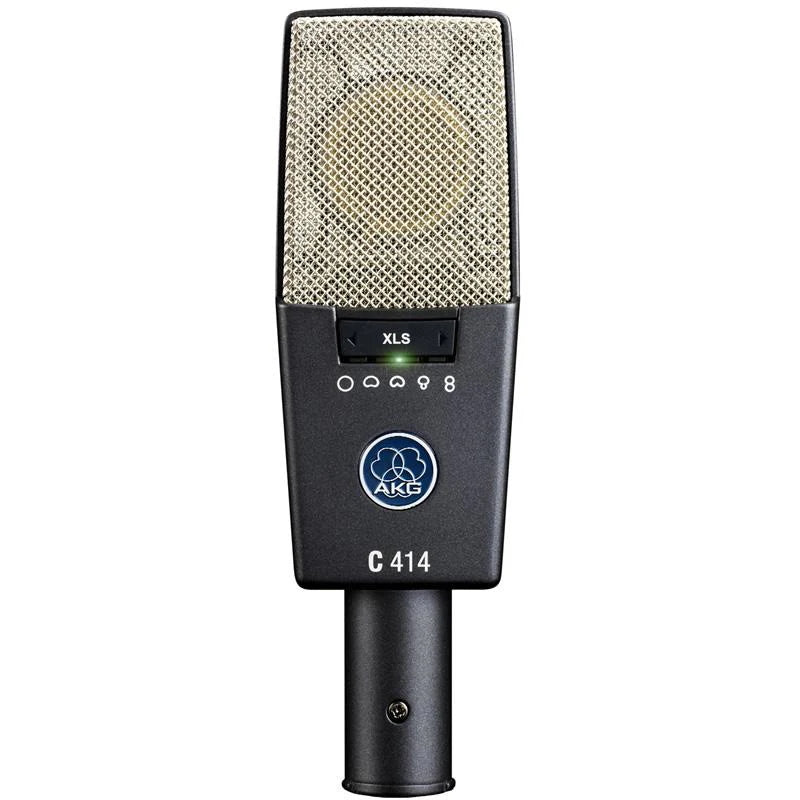 AKG C414 XLS front view, showcasing its iconic design with easily accessible multi-pattern selection switch, offering versatile sound shaping for any studio recording scenario.