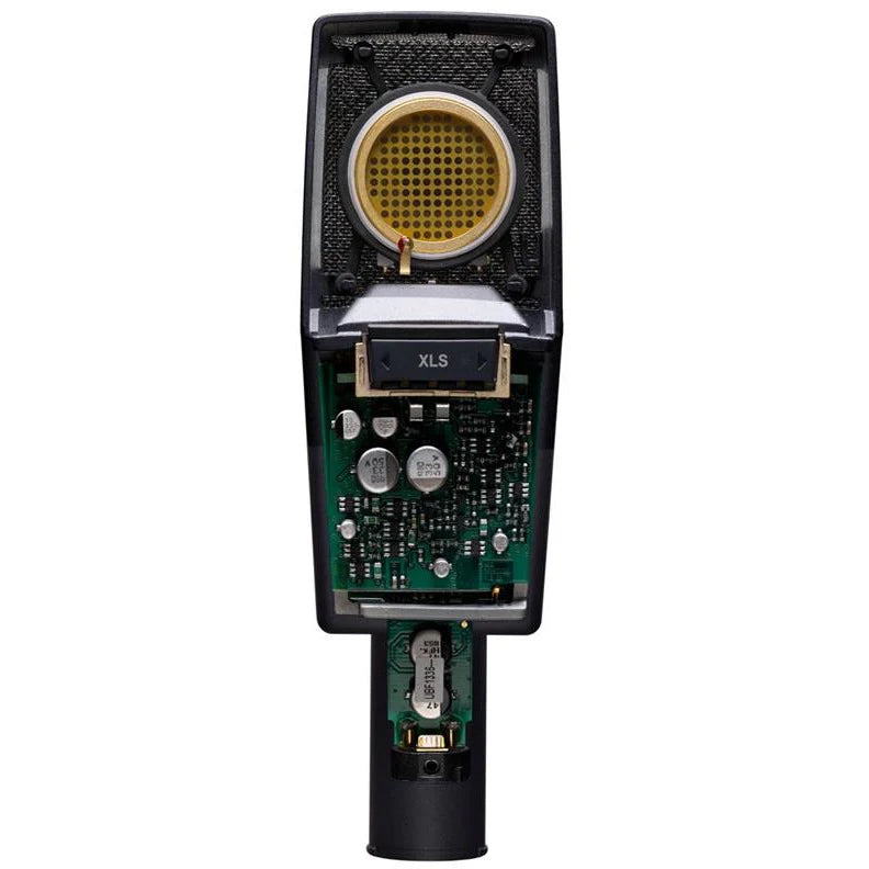 AKG C414 XLS inside view, showing its large-diaphragm condenser capsule and internal components, illustrating the microphone's robust build and design.