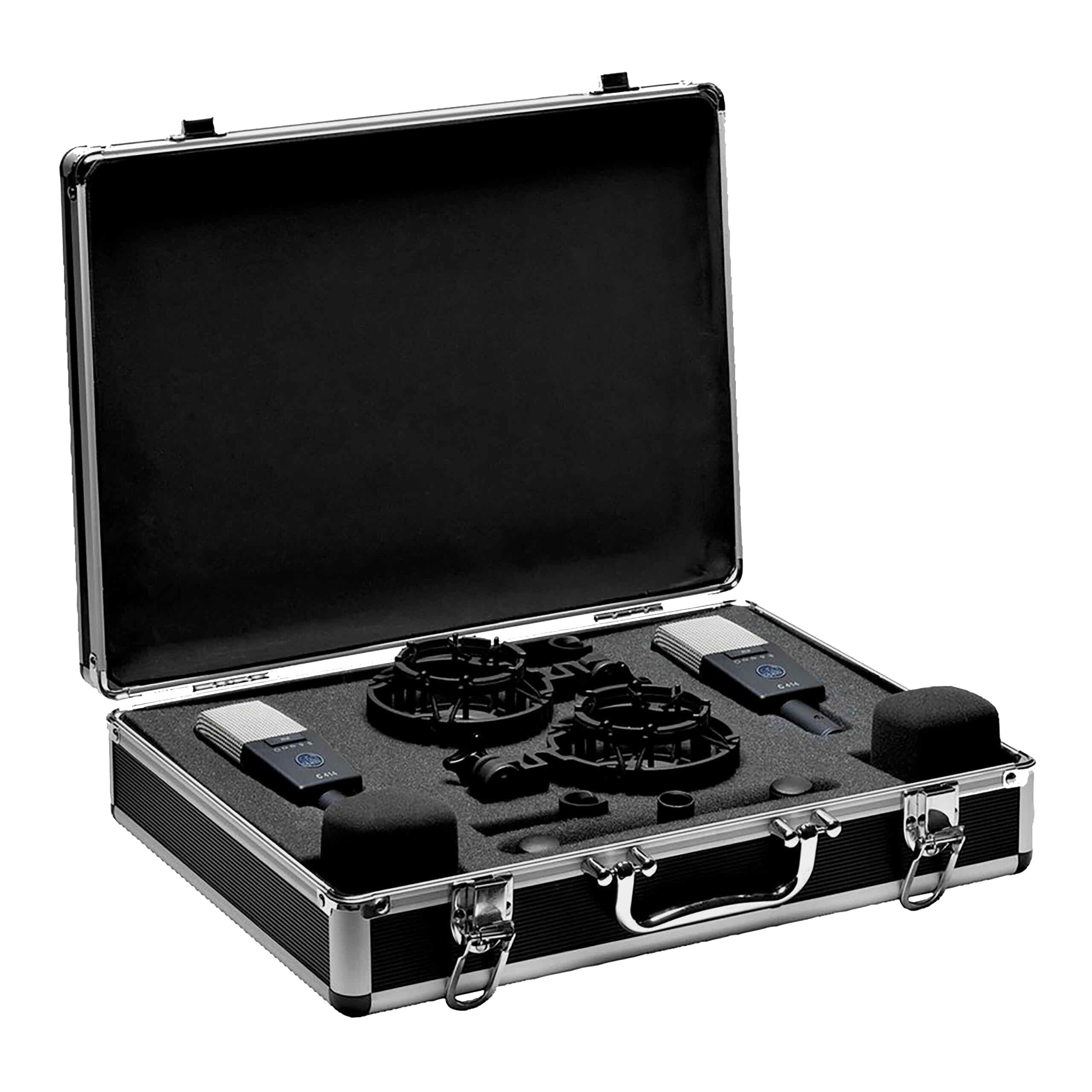 AKG C414 XLS Matched Pair shown securely in their custom-fitted protective case, with both multi-pattern condenser microphones, two shockmounts, hardmounts, windshields and stereo bar neatly organized for immediate stereo recording sessions or safe transport.