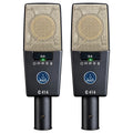 AKG C414 XLS Matched Pair front view, showcasing two identical multi-pattern condenser microphones side-by-side with their visible front controls, ensuring perfectly consistent sound and precise stereo imaging for professional recordings.