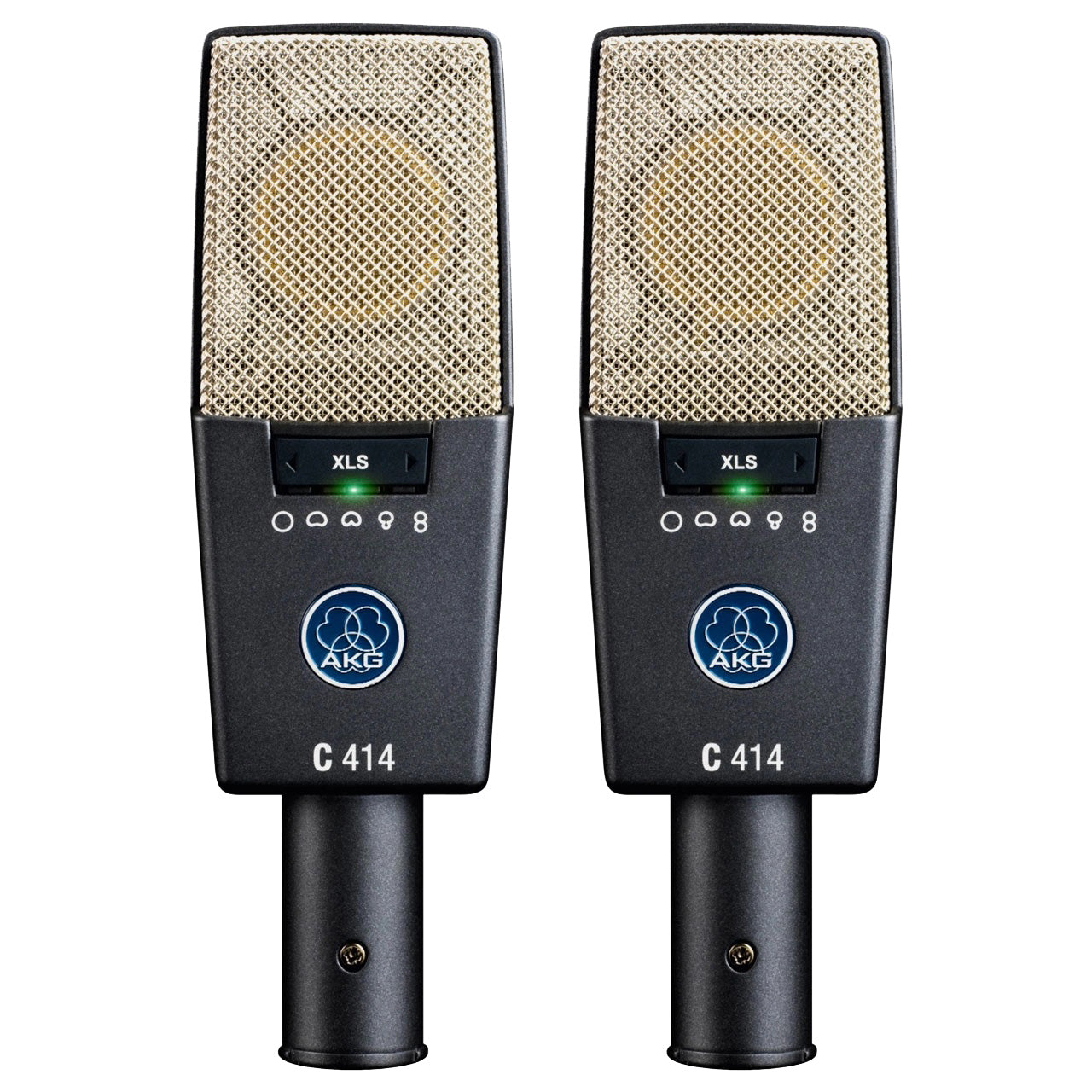 AKG C414 XLS Matched Pair front view, showcasing two identical multi-pattern condenser microphones side-by-side with their visible front controls, ensuring perfectly consistent sound and precise stereo imaging for professional recordings.