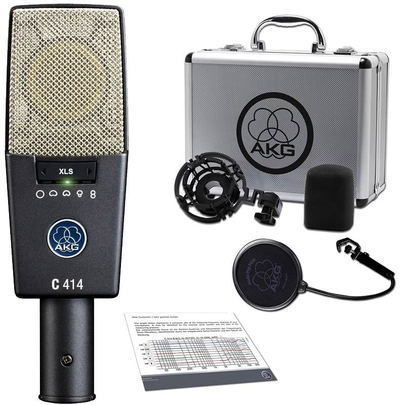 AKG C414 XLS microphone pack, showcasing the complete professional kit including the condenser microphone, shock mount, pop filter, windscreen, and durable flight case, ready for any studio recording session.