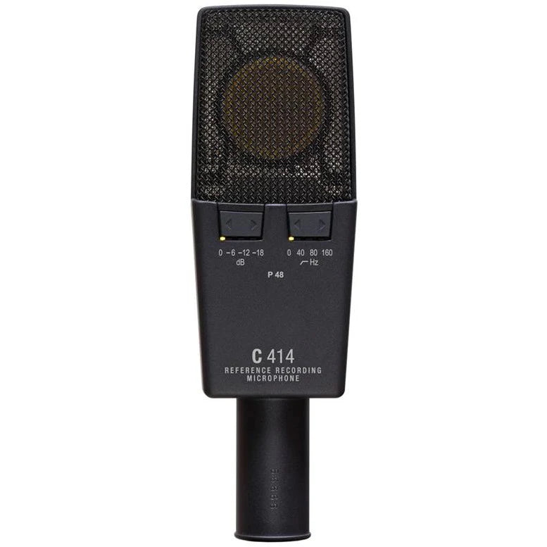 AKG C414 XLS rear view, featuring low-cut filter switch and pre-attenuation pad, allowing precise control over bass response and signal levels for clean recordings in any environment.