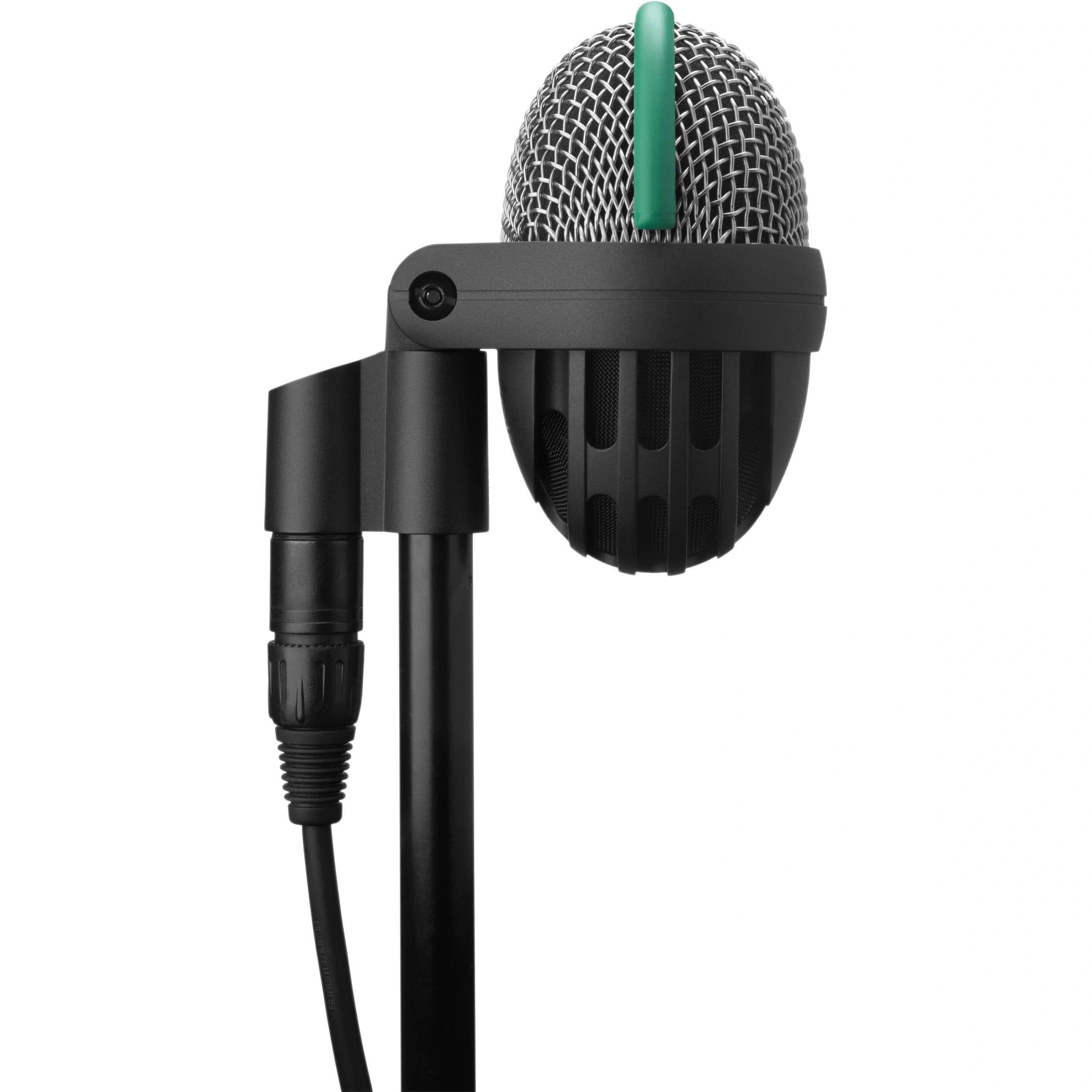 AKG D112 MKII Pro Dynamic Bass Microphone, side view on stand, showcasing its rugged design and integrated flexible mount, specifically engineered to capture powerful, punchy low-end from kick drums, bass cabinets, and other bass-heavy instruments in studio or live settings.