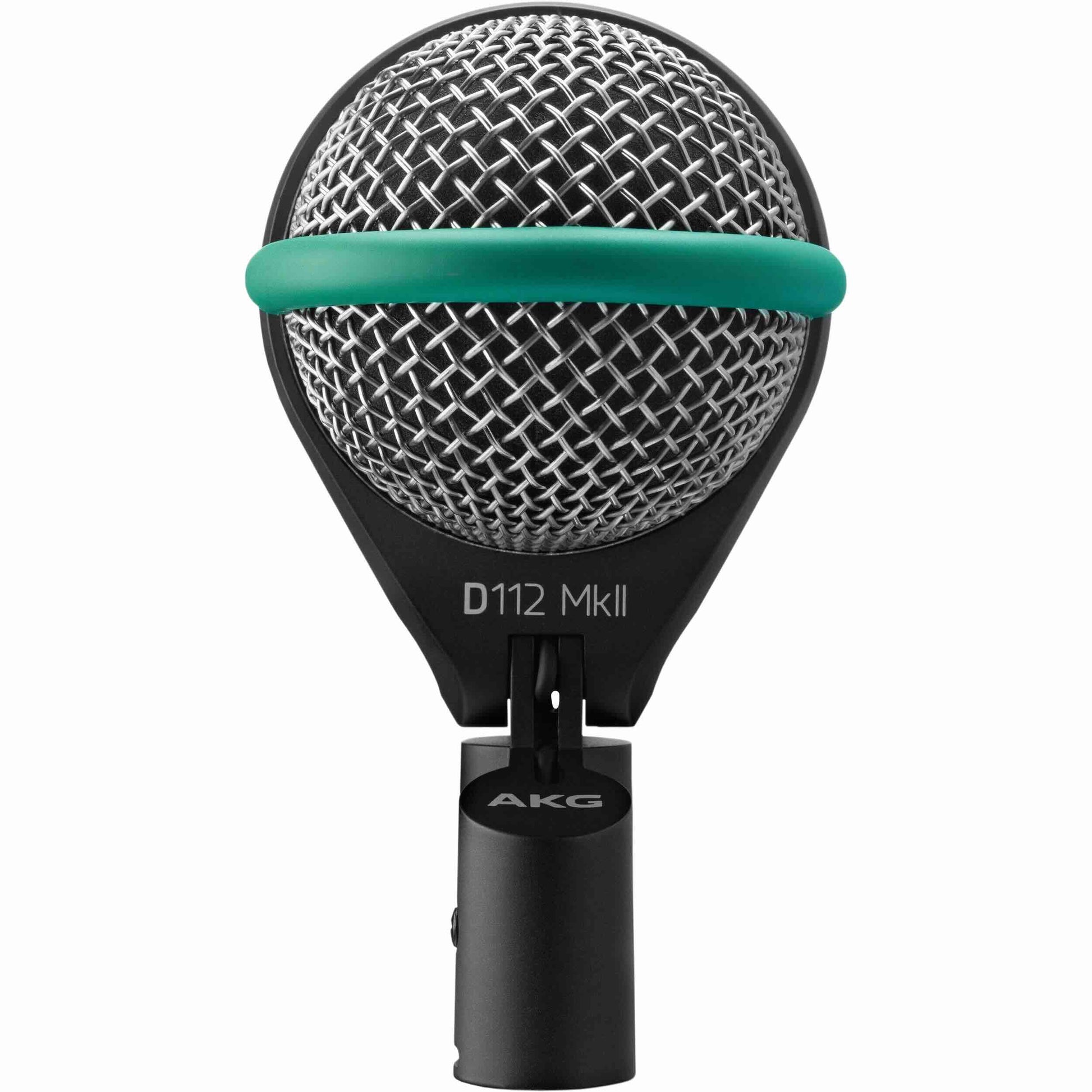 AKG D112 MKII Pro Dynamic Bass Microphone, front view showcasing its rugged design and integrated flexible mount, specifically engineered to capture powerful, punchy low-end from kick drums, bass cabinets, and other bass-heavy instruments in studio or live settings.