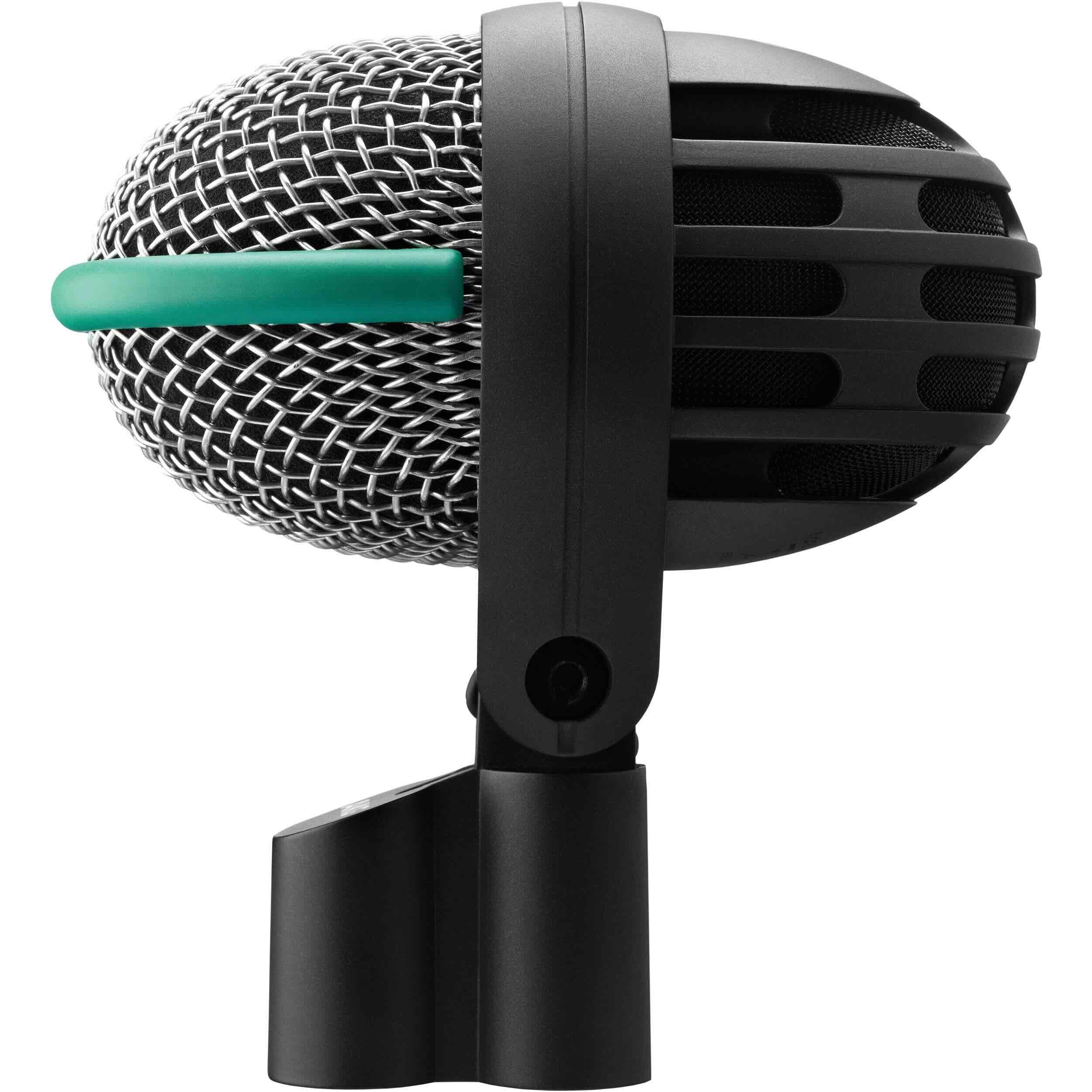 AKG D112 MKII Pro Dynamic Bass Microphone, side view showcasing its rugged design and integrated flexible mount, specifically engineered to capture powerful, punchy low-end from kick drums, bass cabinets, and other bass-heavy instruments in studio or live settings.