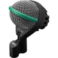 AKG D112 MKII Pro Dynamic Bass Microphone, front angled view, showcasing its rugged design and integrated flexible mount, specifically engineered to capture powerful, punchy low-end from kick drums, bass cabinets, and other bass-heavy instruments in studio or live settings.