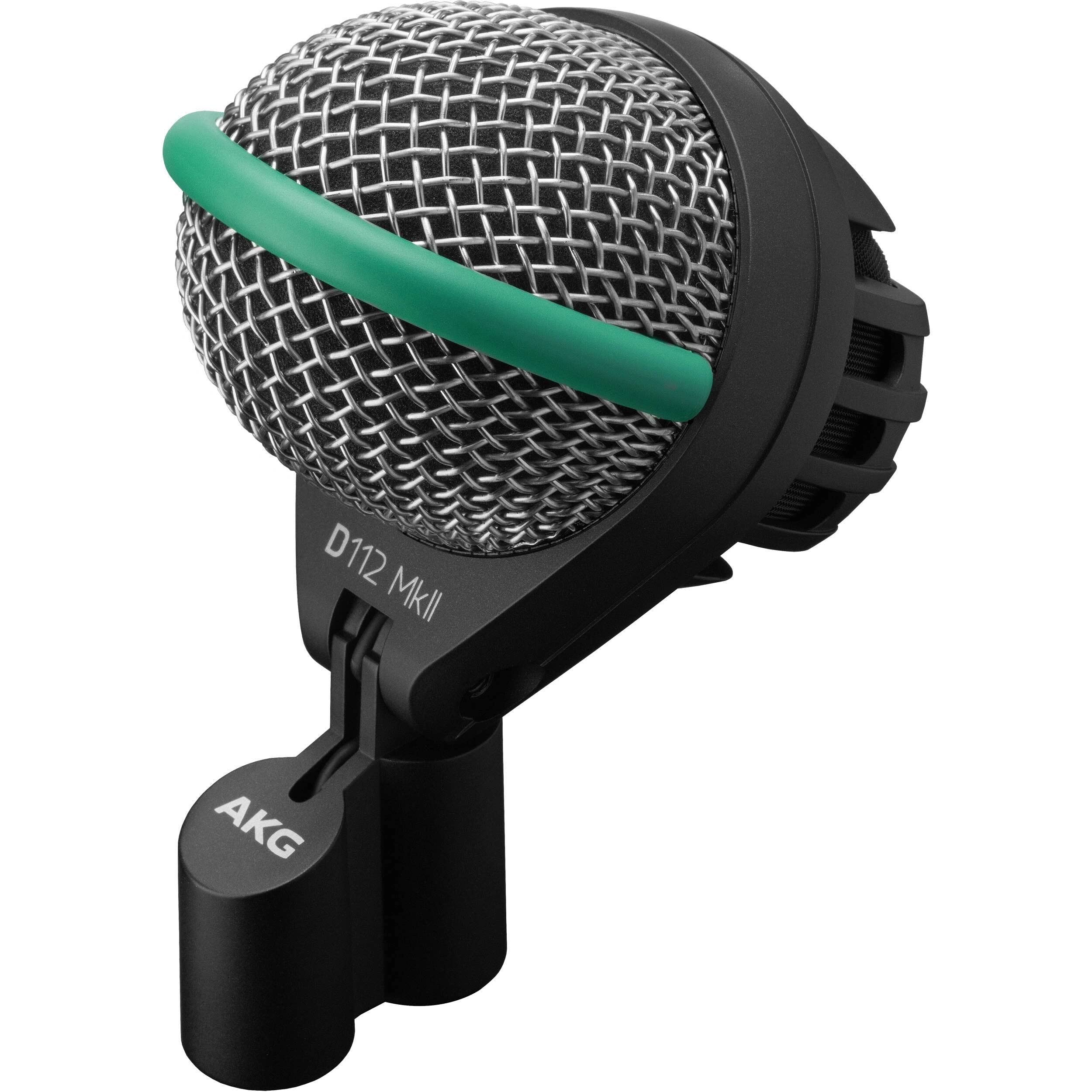 AKG D112 MKII Pro Dynamic Bass Microphone, front angled view, showcasing its rugged design and integrated flexible mount, specifically engineered to capture powerful, punchy low-end from kick drums, bass cabinets, and other bass-heavy instruments in studio or live settings.
