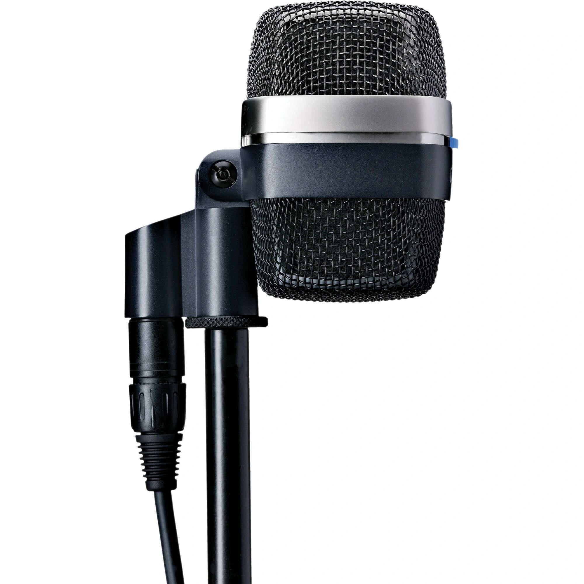 AKG D12 VR Active Large-Diaphragm Cardioid Dynamic Microphone, side view on stand, featuring its iconic vintage-inspired design, engineered with three active filter presets for tailored, powerful bass tones on kick drums and bass instruments in professional studio and live applications.