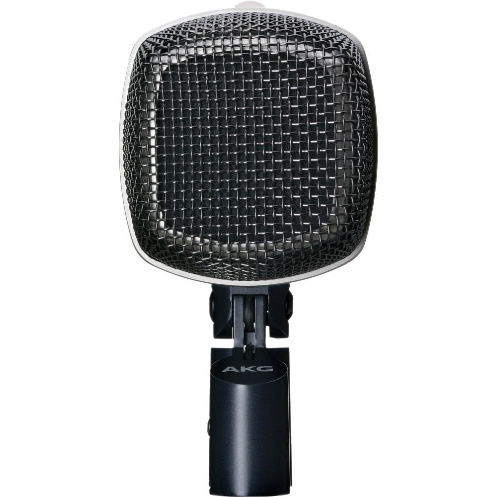 AKG D12 VR Active Large-Diaphragm Cardioid Dynamic Microphone, front view, featuring its iconic vintage-inspired design, engineered with three active filter presets for tailored, powerful bass tones on kick drums and bass instruments in professional studio and live applications.