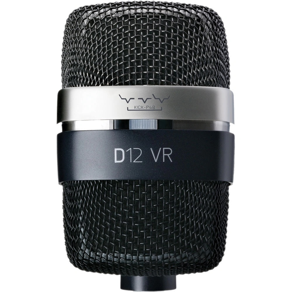 AKG D12 VR Active Large-Diaphragm Cardioid Dynamic Microphone, top view, featuring its iconic vintage-inspired design, engineered with three active filter presets for tailored, powerful bass tones on kick drums and bass instruments in professional studio and live applications.