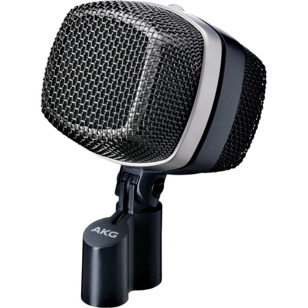 AKG D12 VR Active Large-Diaphragm Cardioid Dynamic Microphone, front angled view, featuring its iconic vintage-inspired design, engineered with three active filter presets for tailored, powerful bass tones on kick drums and bass instruments in professional studio and live applications.