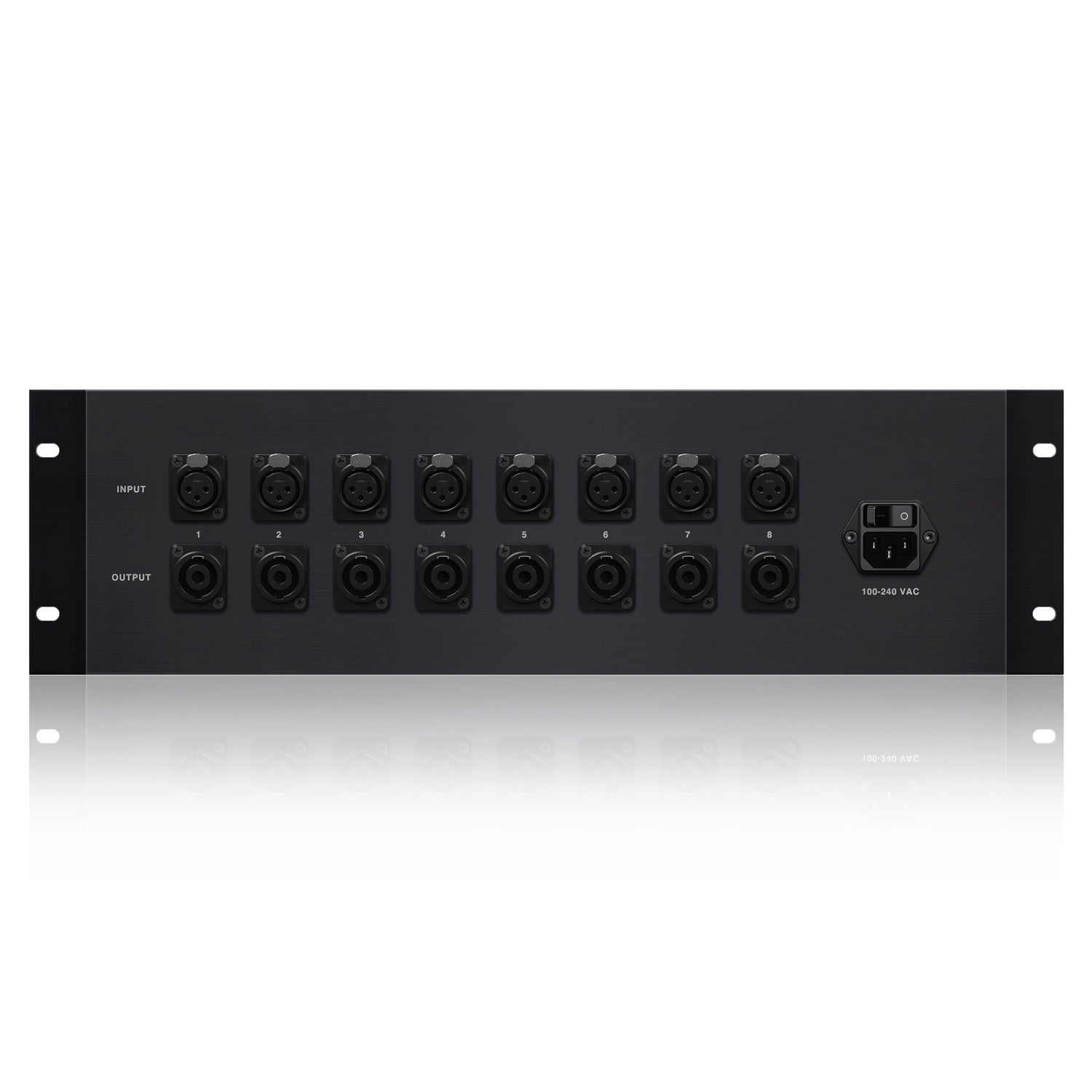 Amphion Amp400.8 8-Channel Power Amplifier back view, showing its XLR inputs, speaker outputs, and power input/switch. Ideal for immersive surround sound studio monitoring or multiple pairs of stereo monitors.