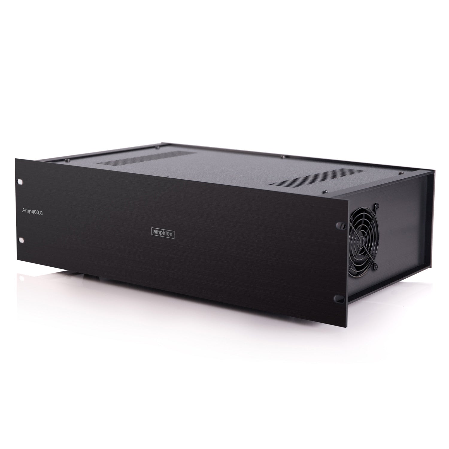Amphion Amp400.8 8-Channel Power Amplifier angled front view, showcasing its clean design, ideal for immersive surround sound studio monitoring or multiple pairs of stereo monitors.