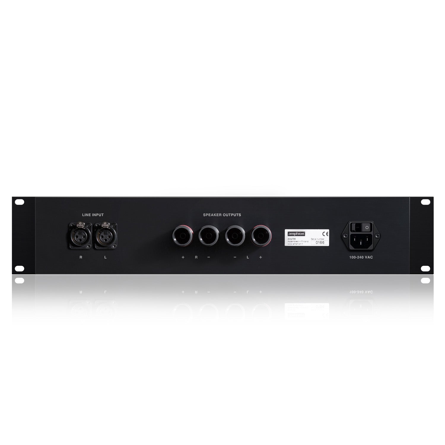 Amphion Amp700 Stereo Power Amplifier back view, showing balanced Neutrik XLR inputs and speaker outputs for professional studio connections. Also visible is the universal power input.
