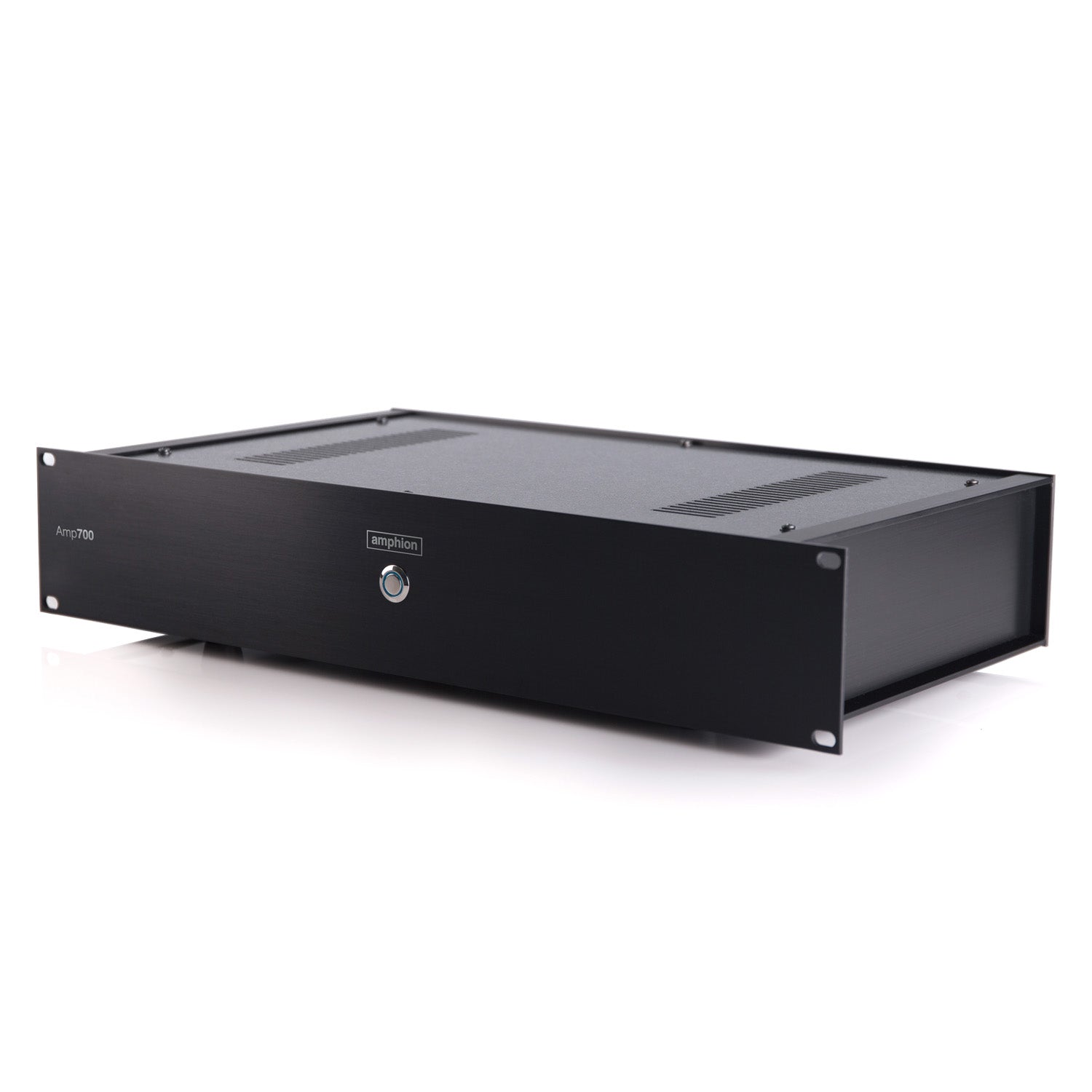 Amphion Amp700 Stereo Power Amplifier angled front view, showcasing its clean, minimalist design and power indicator light for professional studio setups.