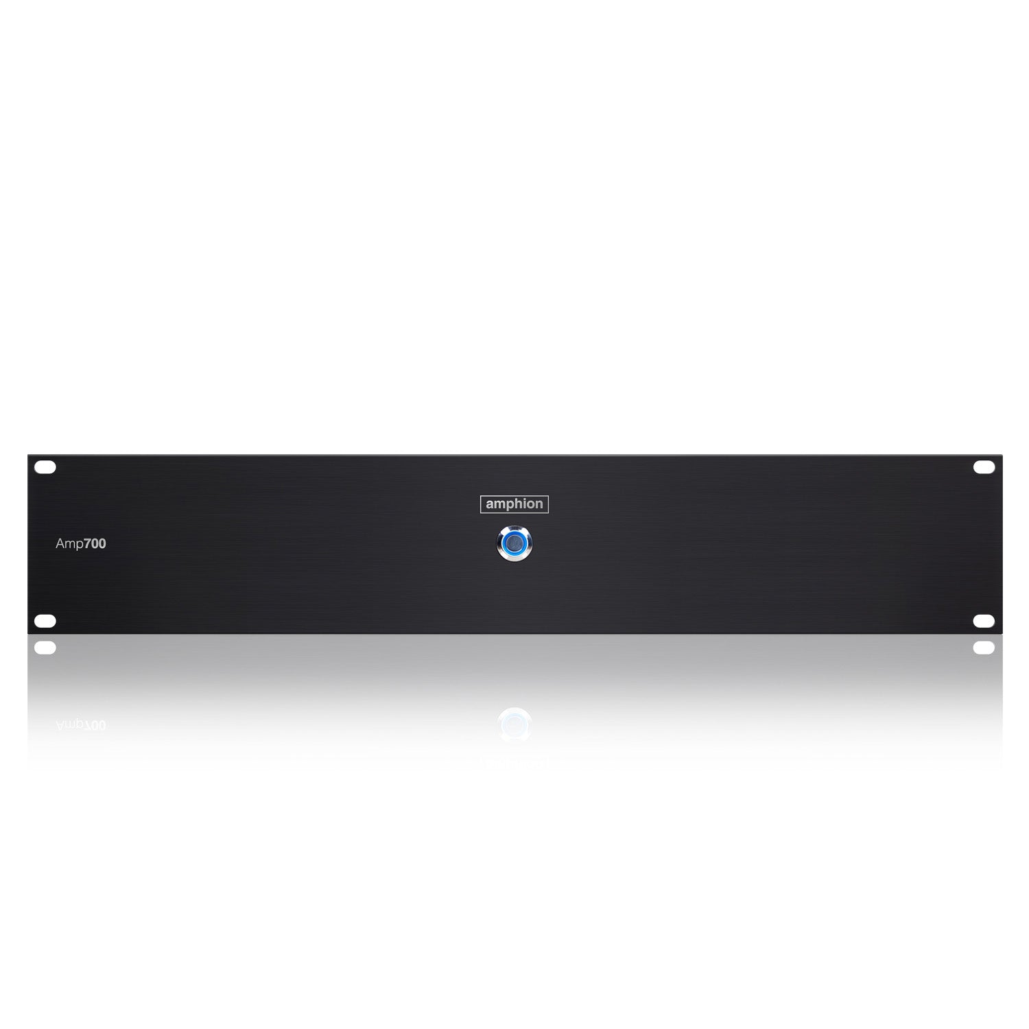Amphion Amp700 Stereo Power Amplifier front view, showcasing its clean, minimalist design and power indicator light for professional studio setups.