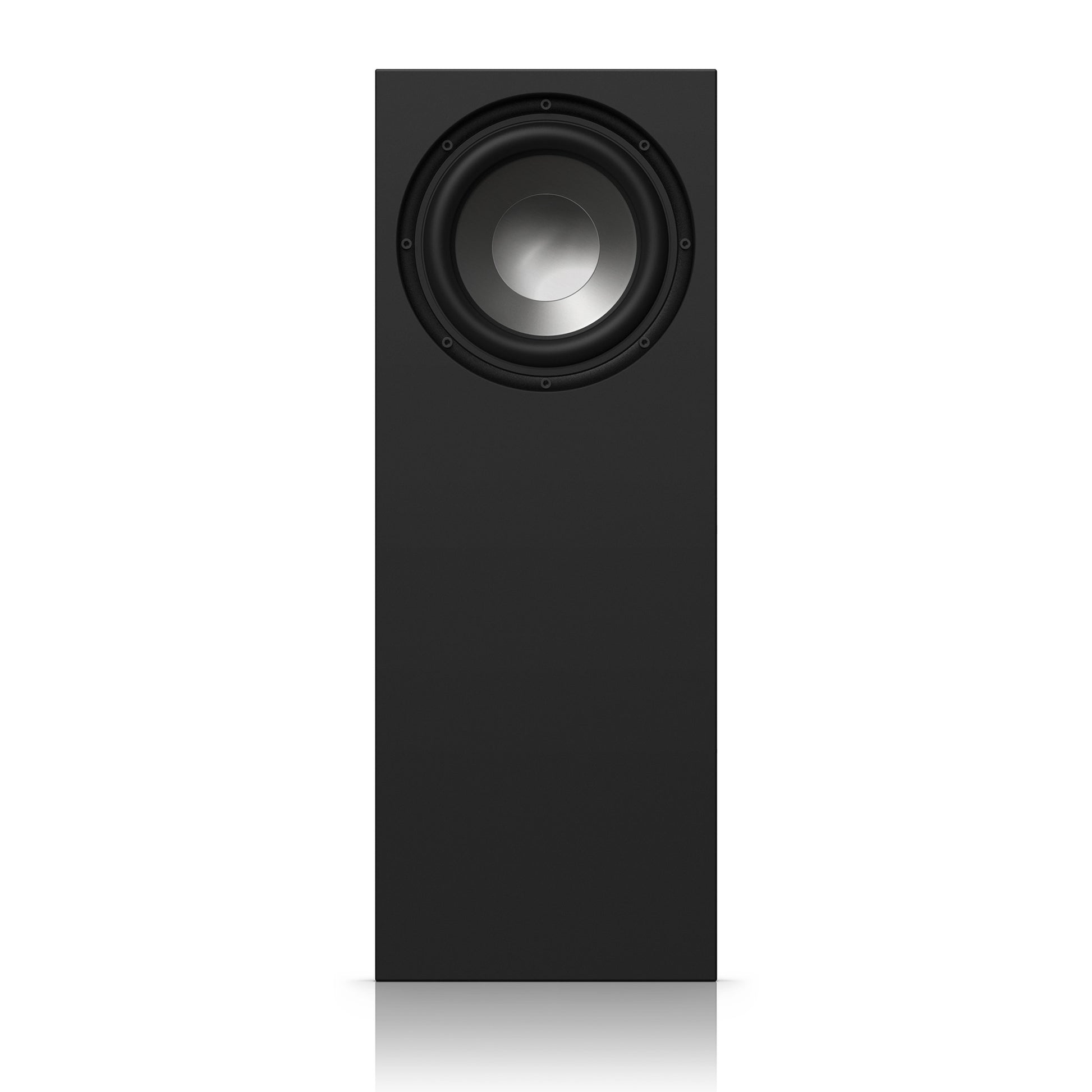Amphion FlexBase25 Stereo Bass Extension and Management System front view, showcasing one of its aluminum woofers and sealed cabinet design for precise, extended low-frequency reproduction.