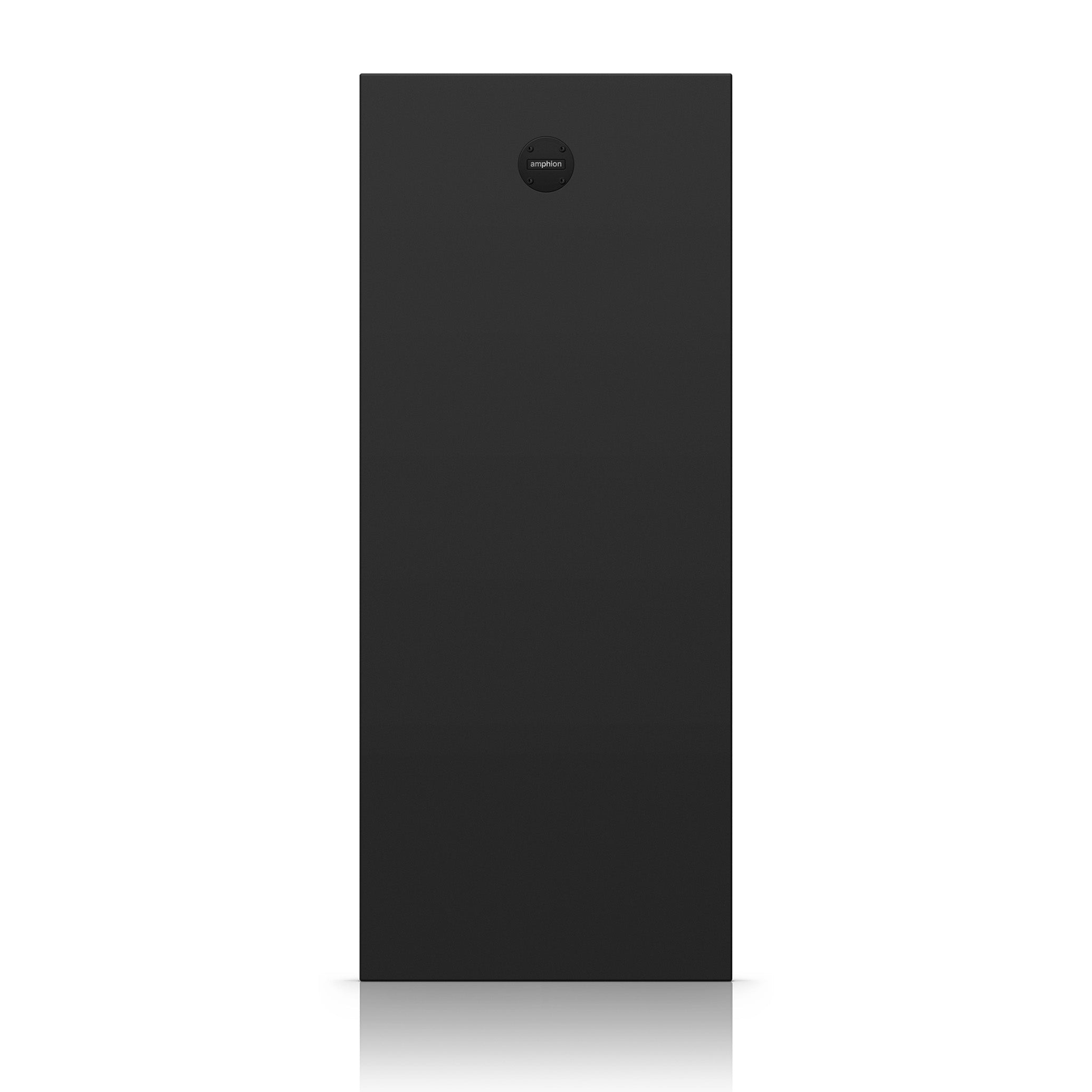 Amphion FlexBase25 Stereo Bass Extension and Management System side view showing its minimalistic design and amphion logo.