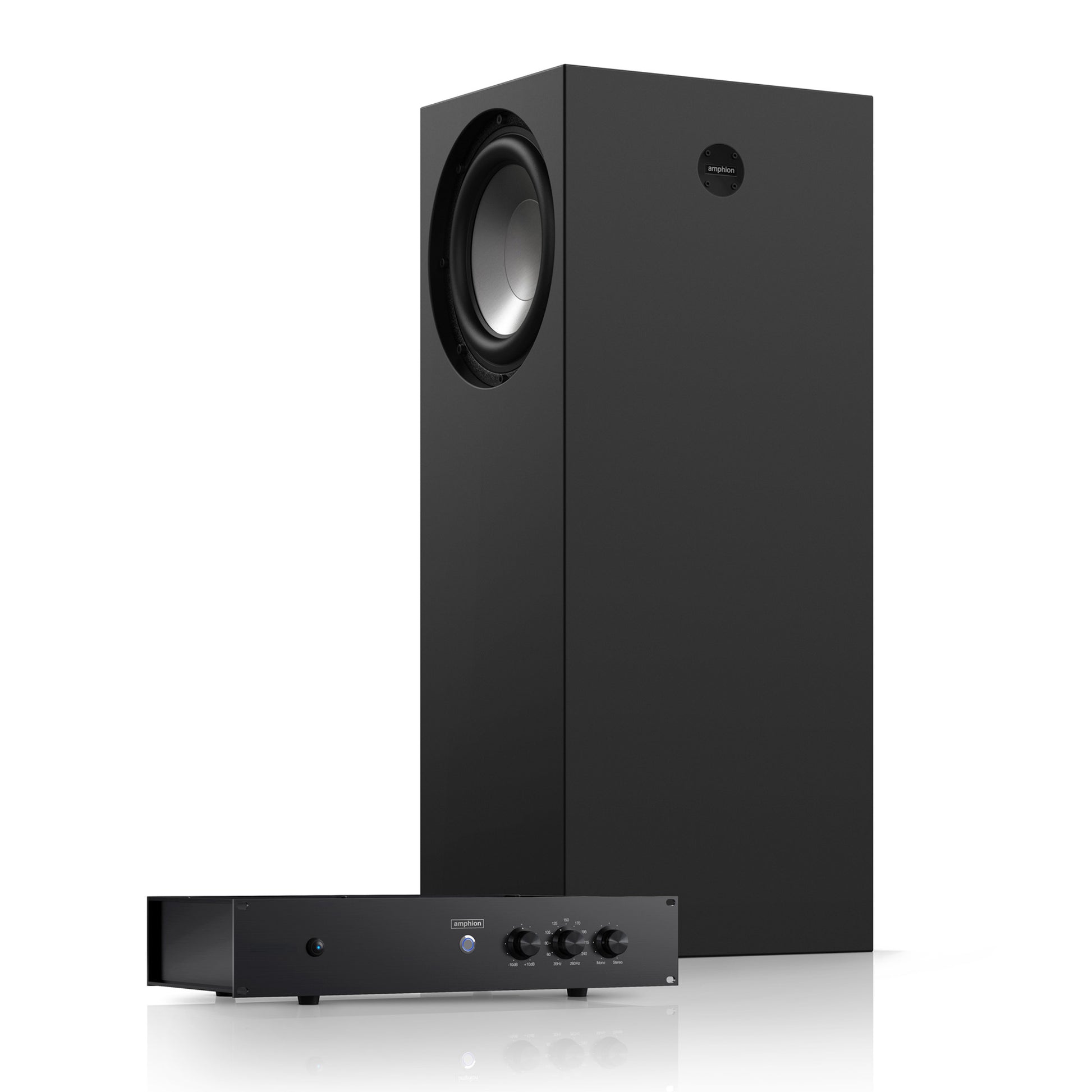 Amphion FlexBase25 Stereo Bass Extension and Management System angled front view, showcasing one of its two aluminum woofers and sealed cabinet design for precise, extended low-frequency reproduction. Pictured next to the included 600w amphion amp.
