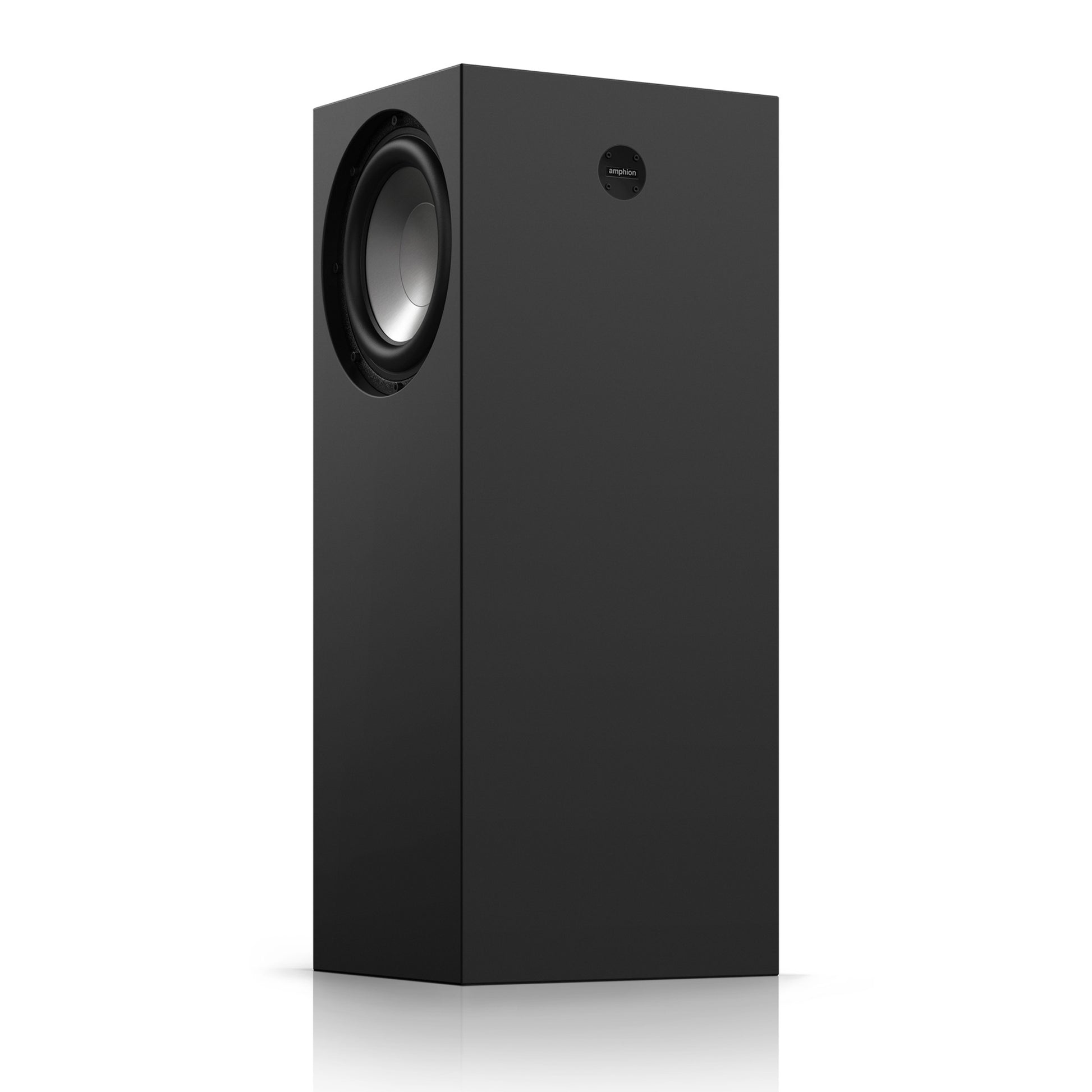 Amphion FlexBase25 Stereo Bass Extension and Management System angled front view, showcasing one of its aluminum woofers, amphion logo and sealed cabinet design for precise, extended low-frequency reproduction.